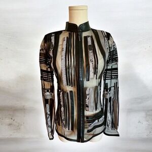 Belgin Francis Sheer Mesh Leather Patchwork Jacket Mock Neck Snakeskin Accent